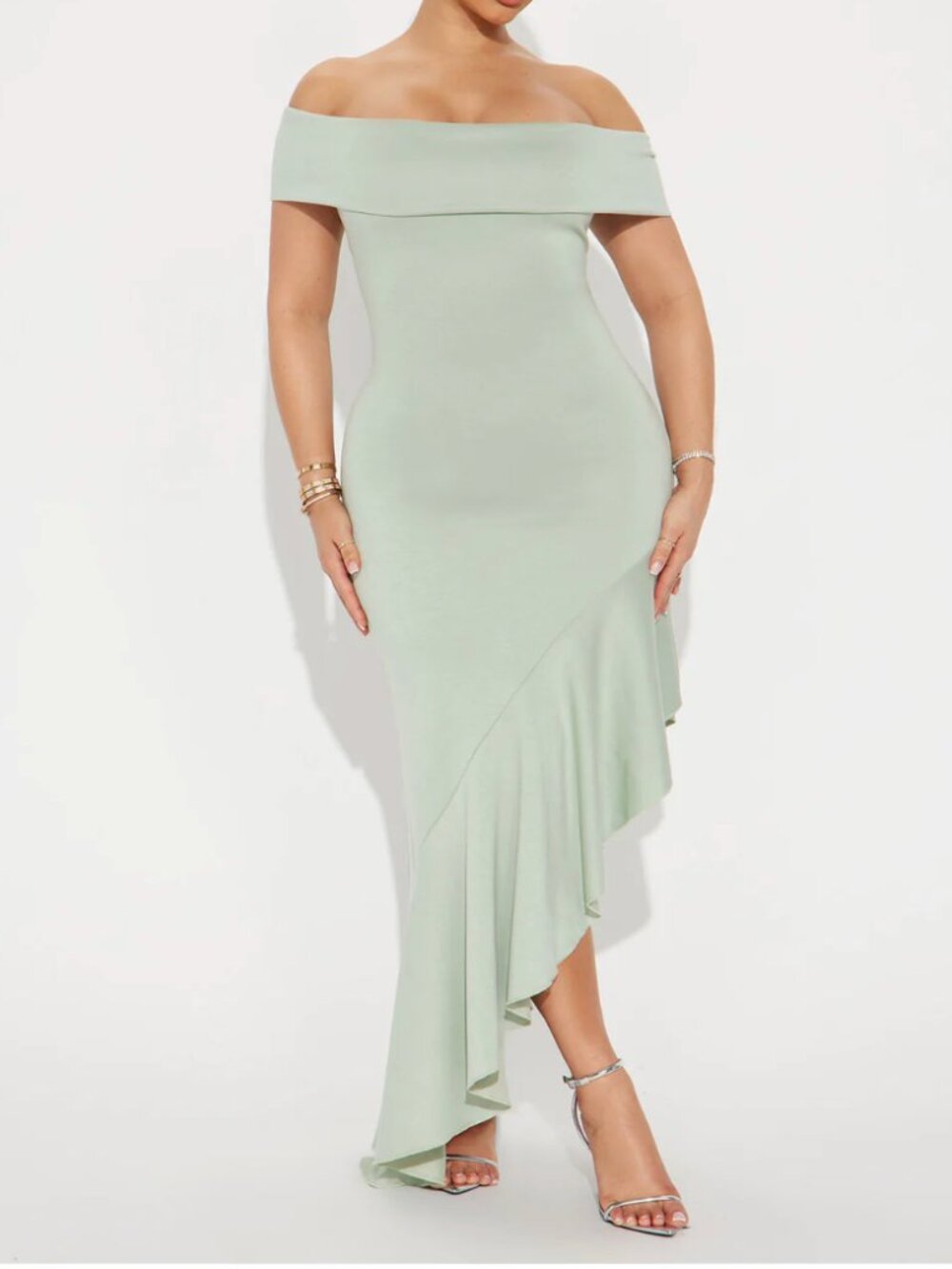 NWT Fashion Nova Fanny Asymmetrical Maxi Dress - Sage Greed Wedding Guest